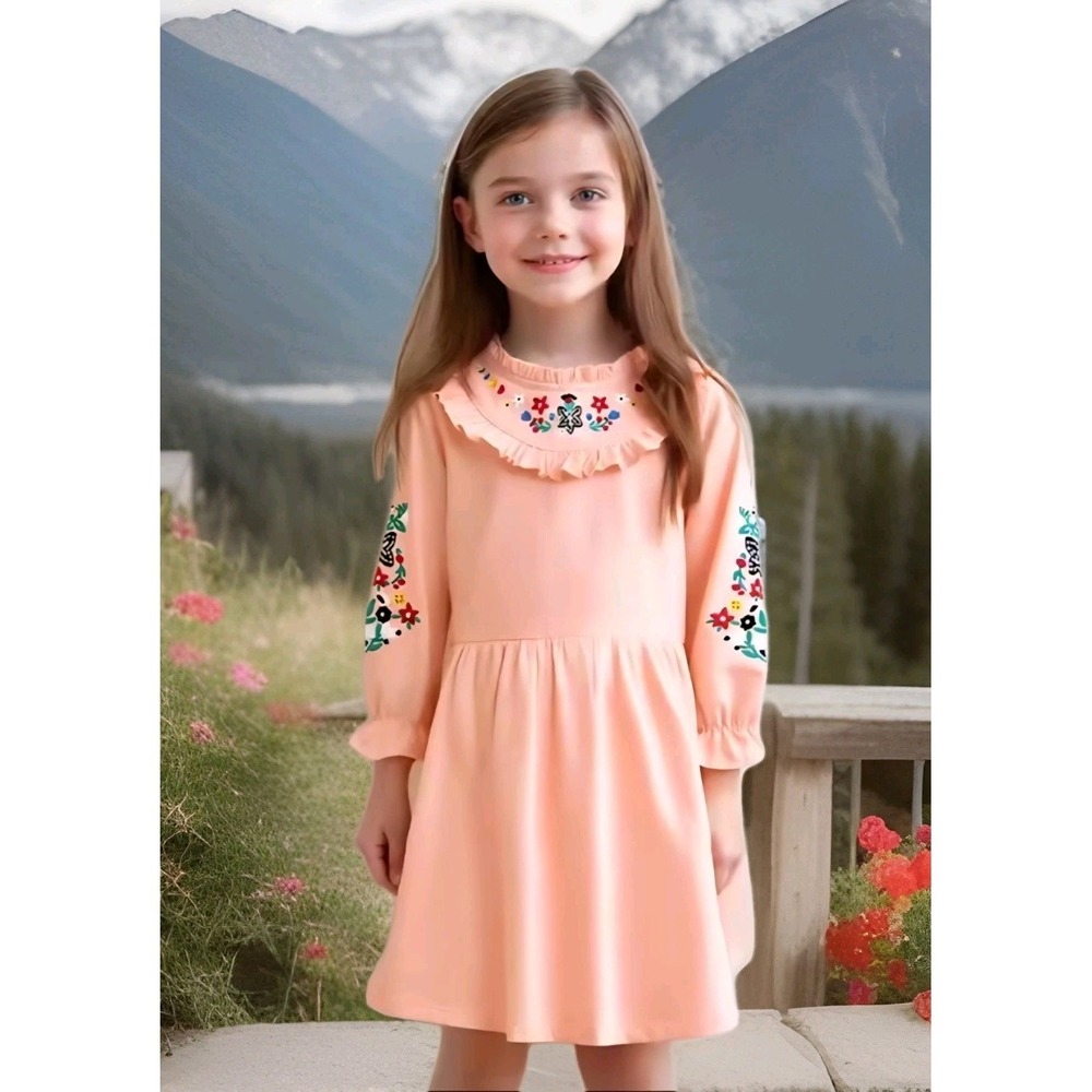 Girl's‎ Long Sleeve Embroidered Dress PEACH Color SZ: 5T NWT